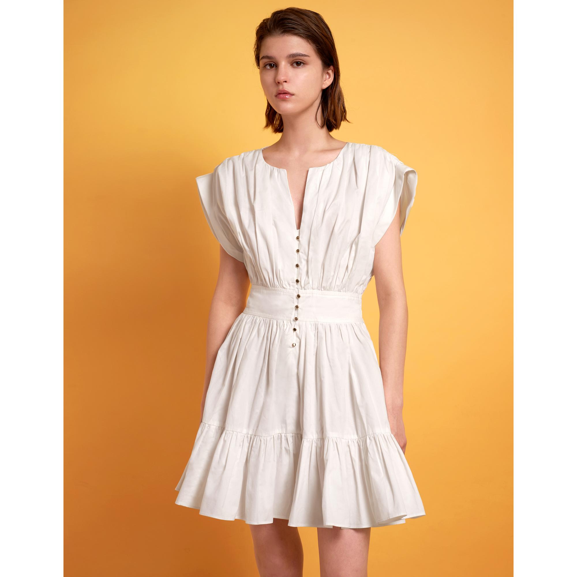 Pleated Structured Ruffled Hem Short Dress - White
