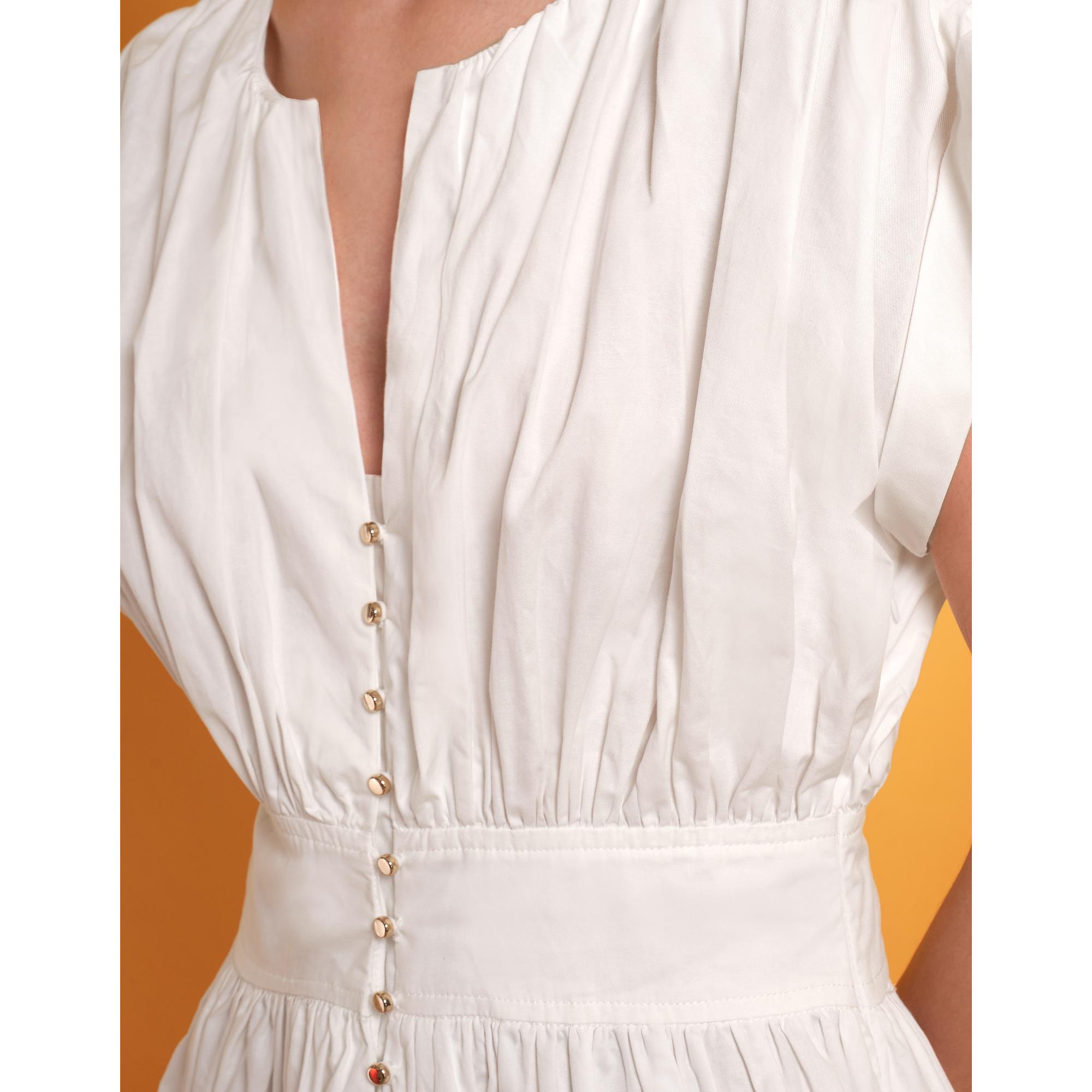 Pleated Structured Ruffled Hem Short Dress - White