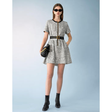Contrast Neckline Zip Up Tweed Dress - Light Grey