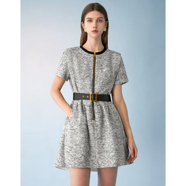 Contrast Neckline Zip Up Tweed Dress - Light Grey