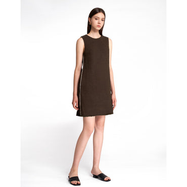 Linen Textured Crew Neck Dress - Coffee