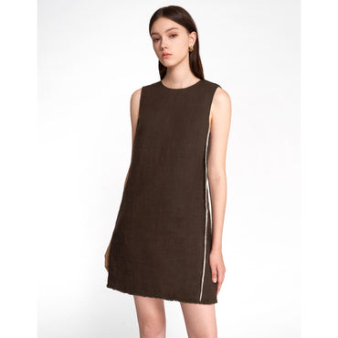 Linen Textured Crew Neck Dress - Coffee