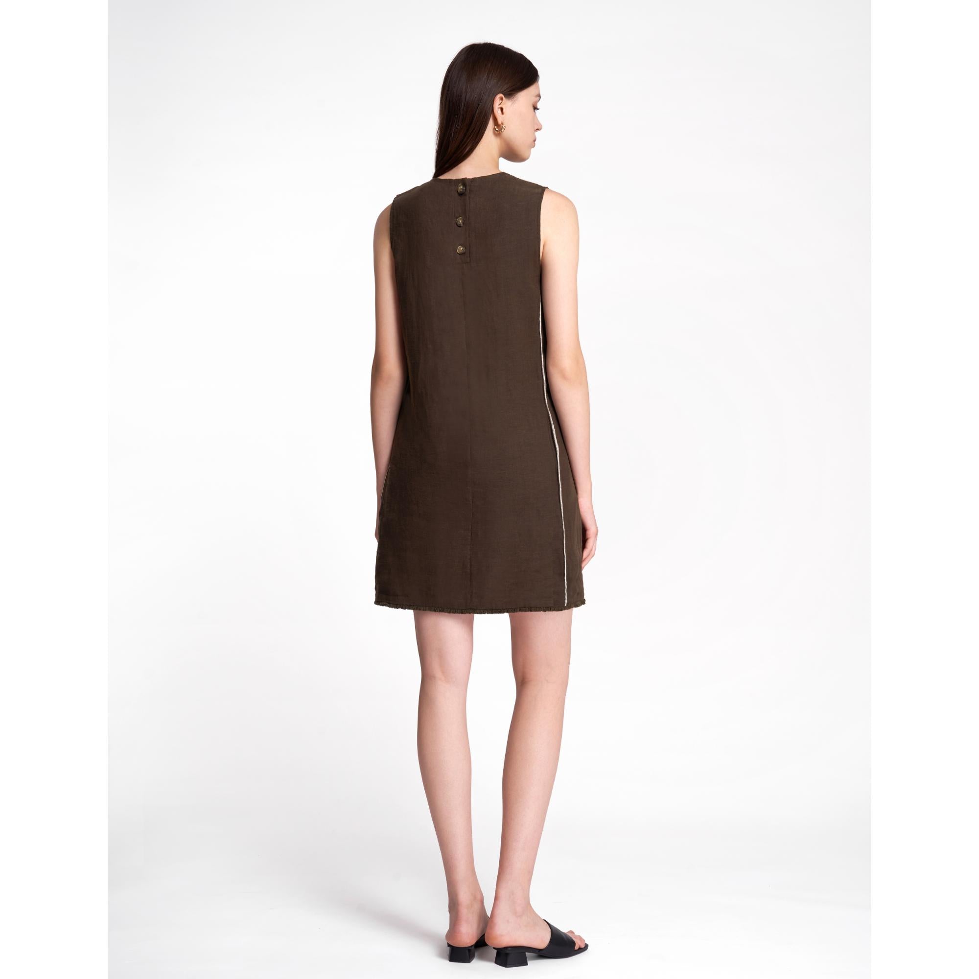 Linen Textured Crew Neck Dress - Coffee