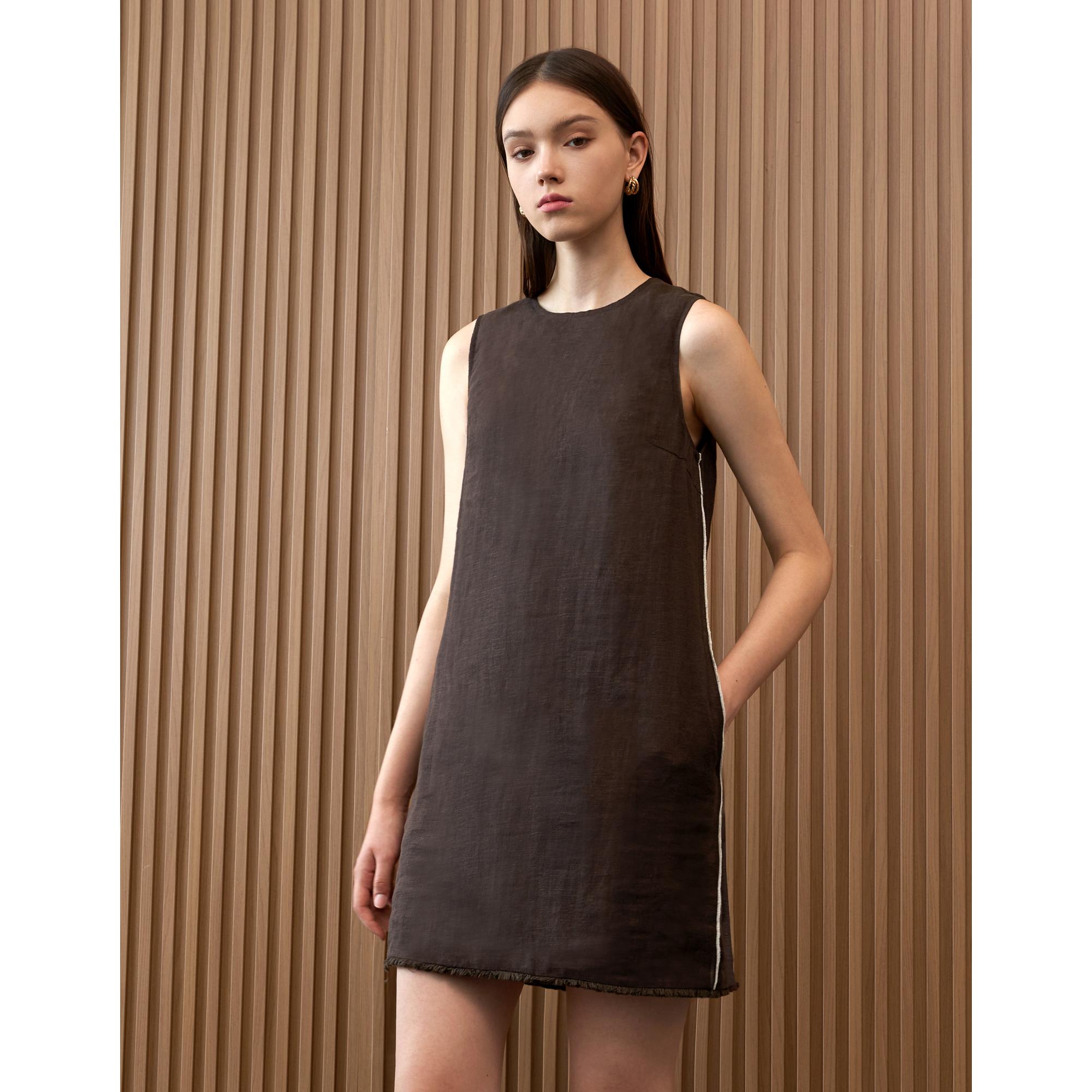 Linen Textured Crew Neck Dress - Coffee