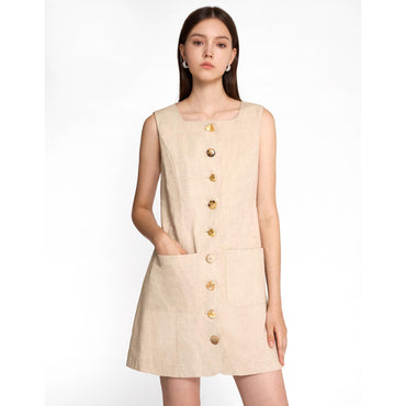 Square Neck Pocket Dress - Apricot