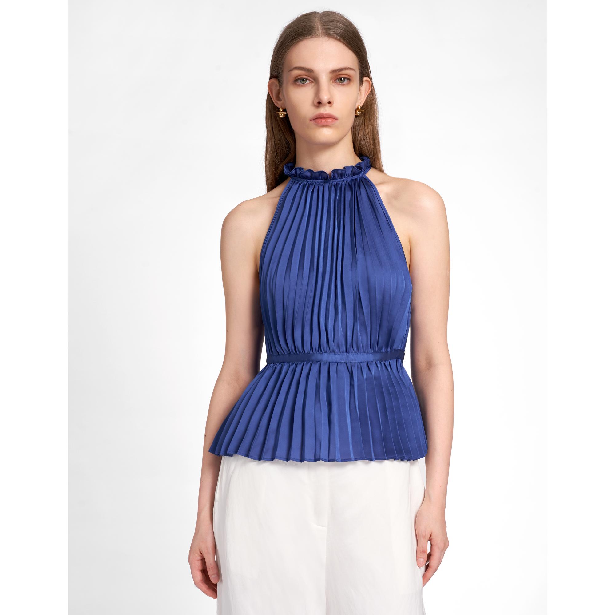 Halterneck Pleated Top - Dark Blue
