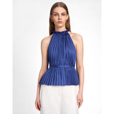 Halterneck Pleated Top - Dark Blue