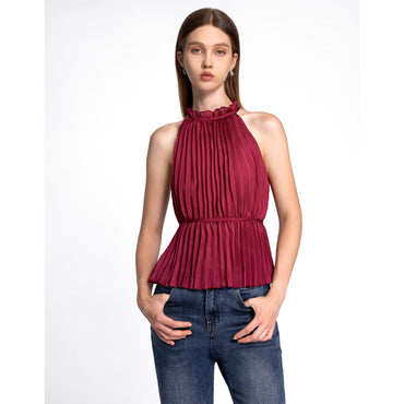 Halterneck Pleated Top - Wine