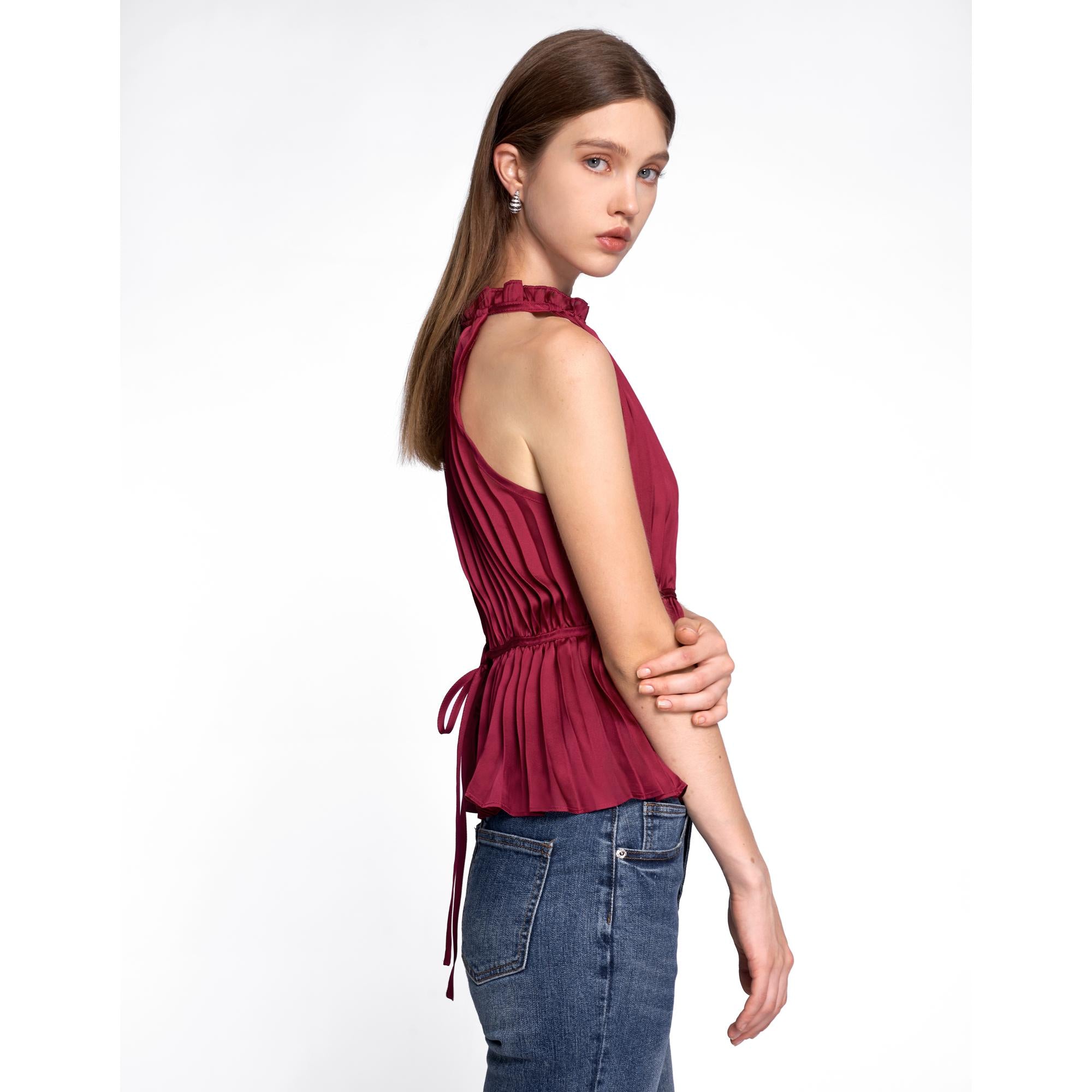 Halterneck Pleated Top - Wine