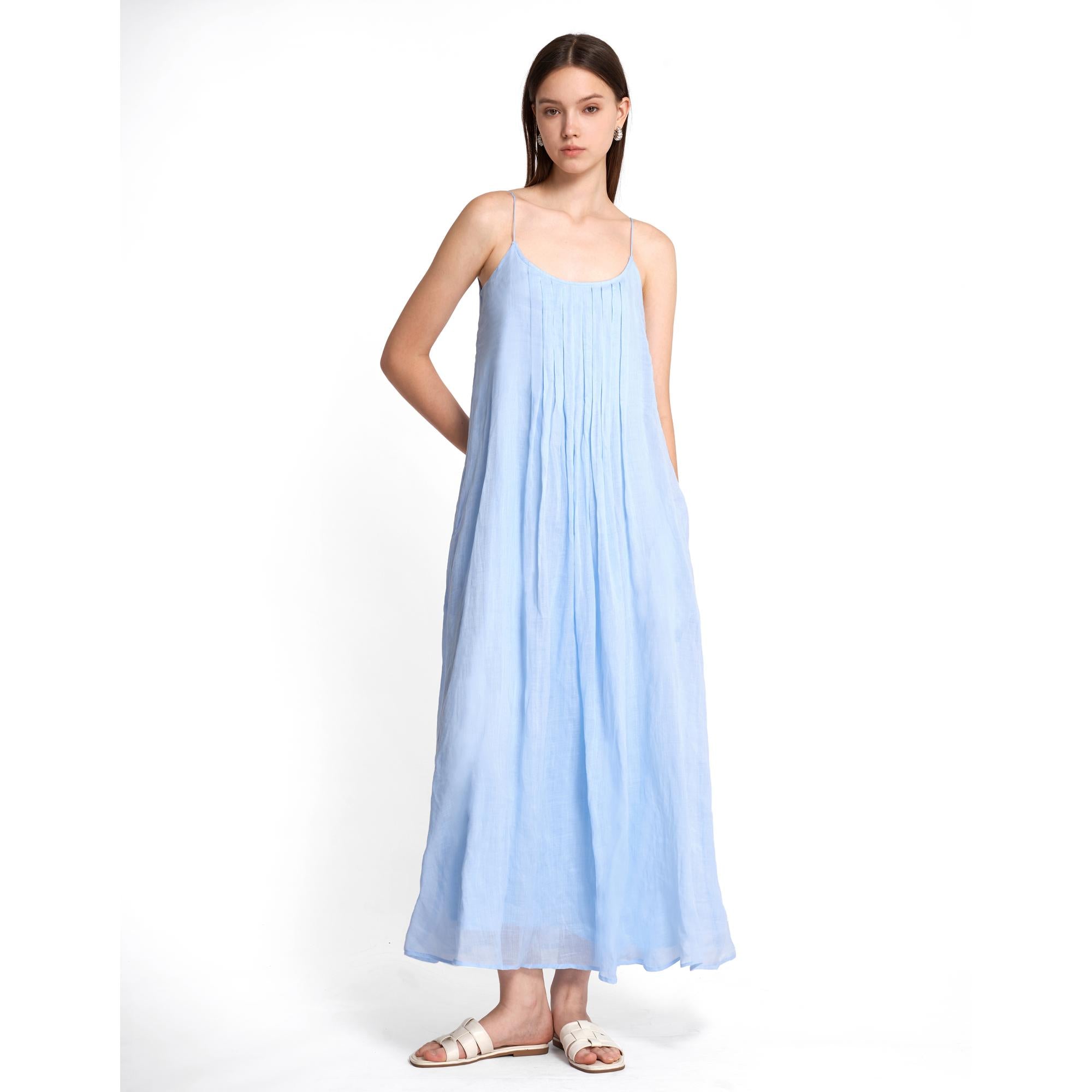 Strappy Midi Dress Box Pleat Details - Blue