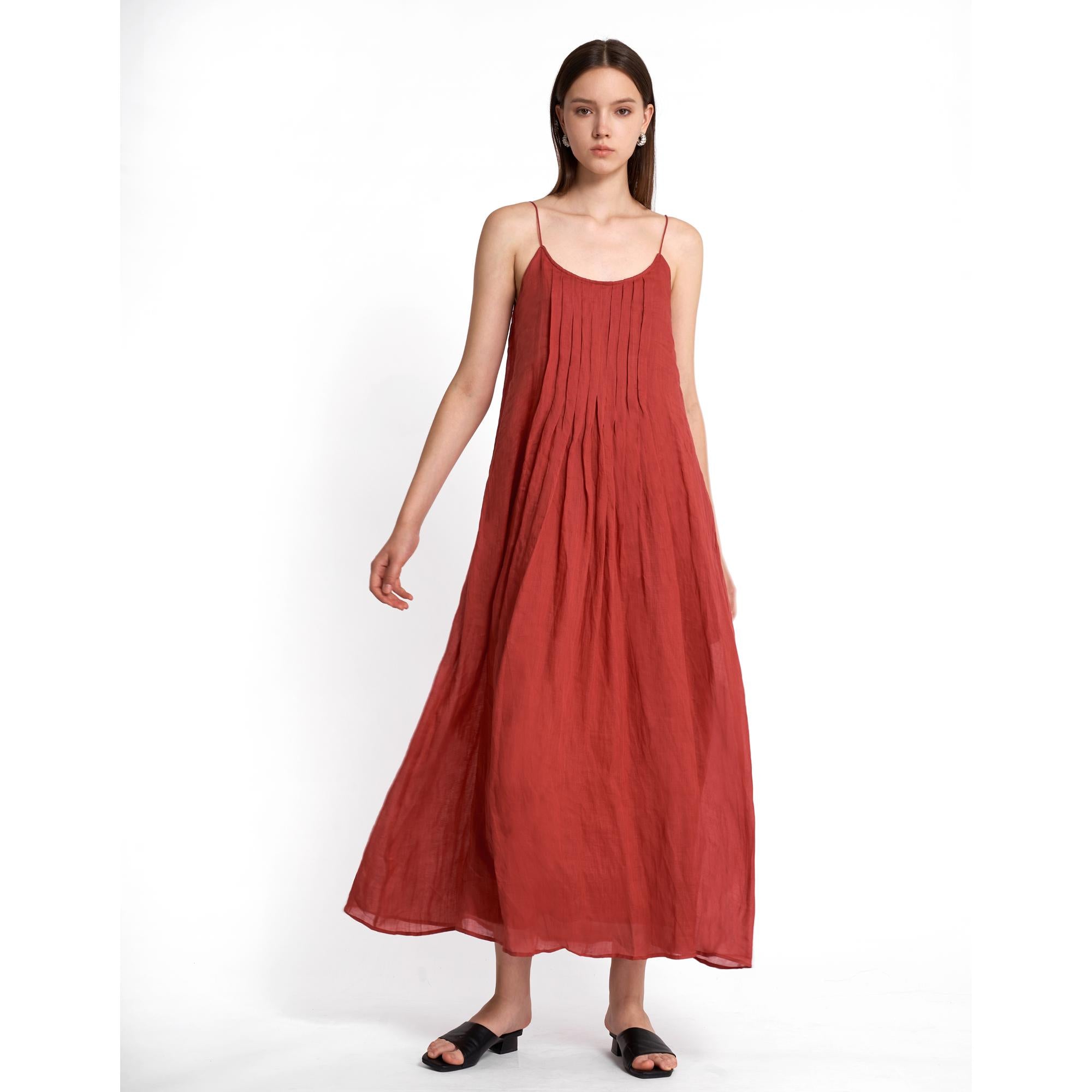 Strappy Midi Dress Box Pleat Details - Brick Red