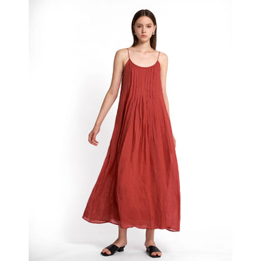 Strappy Midi Dress Box Pleat Details - Brick Red