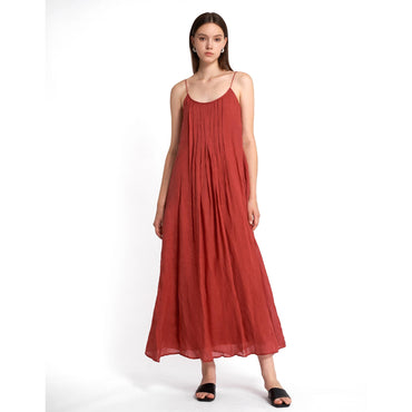 Strappy Midi Dress Box Pleat Details - Brick Red