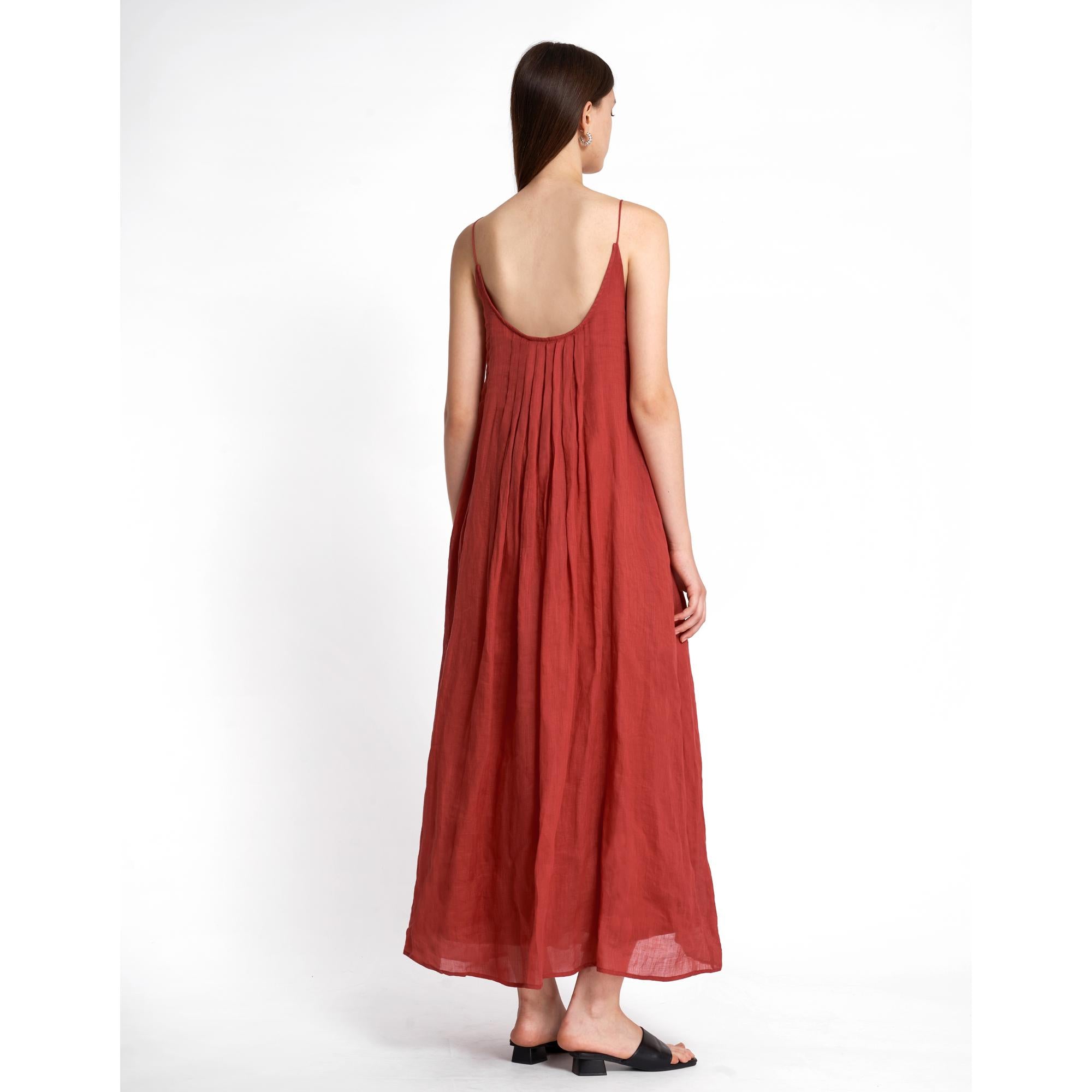 Strappy Midi Dress Box Pleat Details - Brick Red