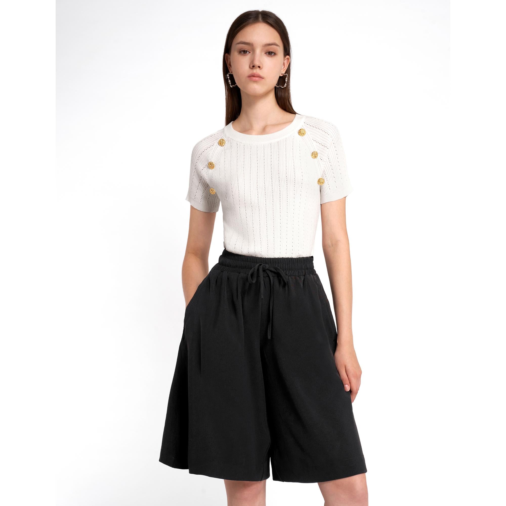 Self-tie Elastic Waist Shorts - Black