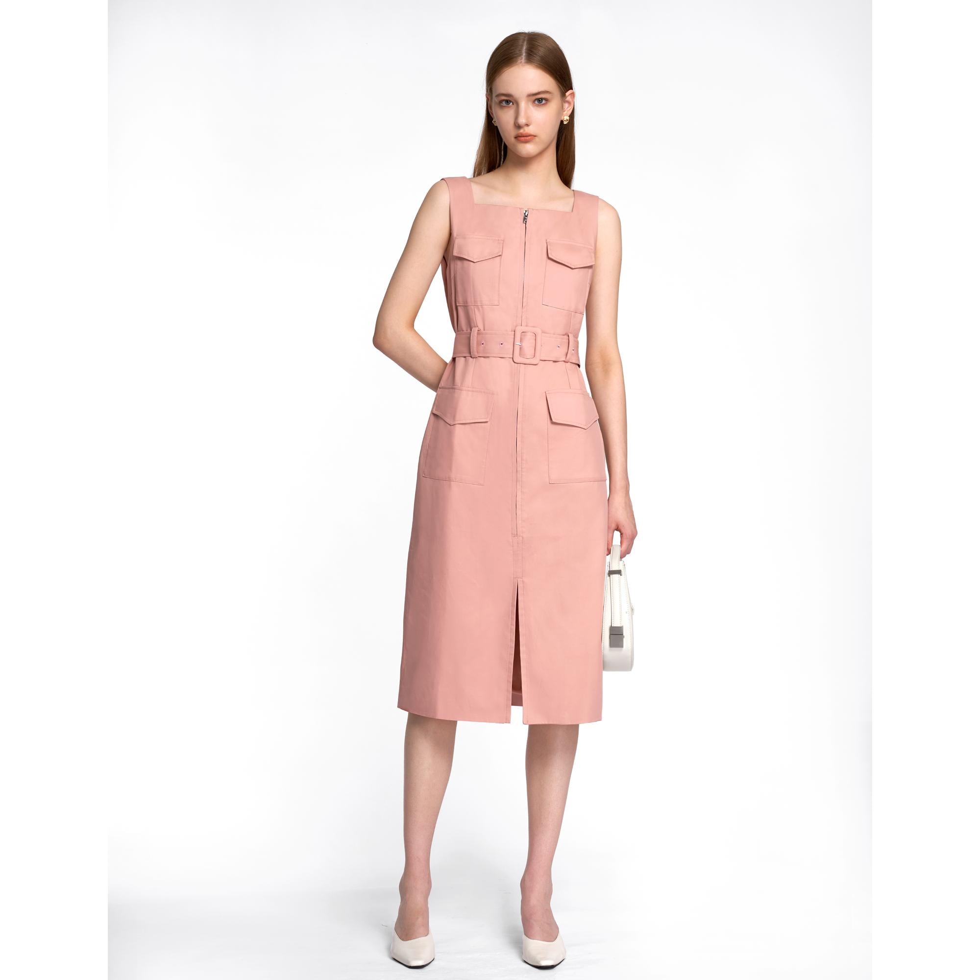 Zip Front Midi Dress - Pink