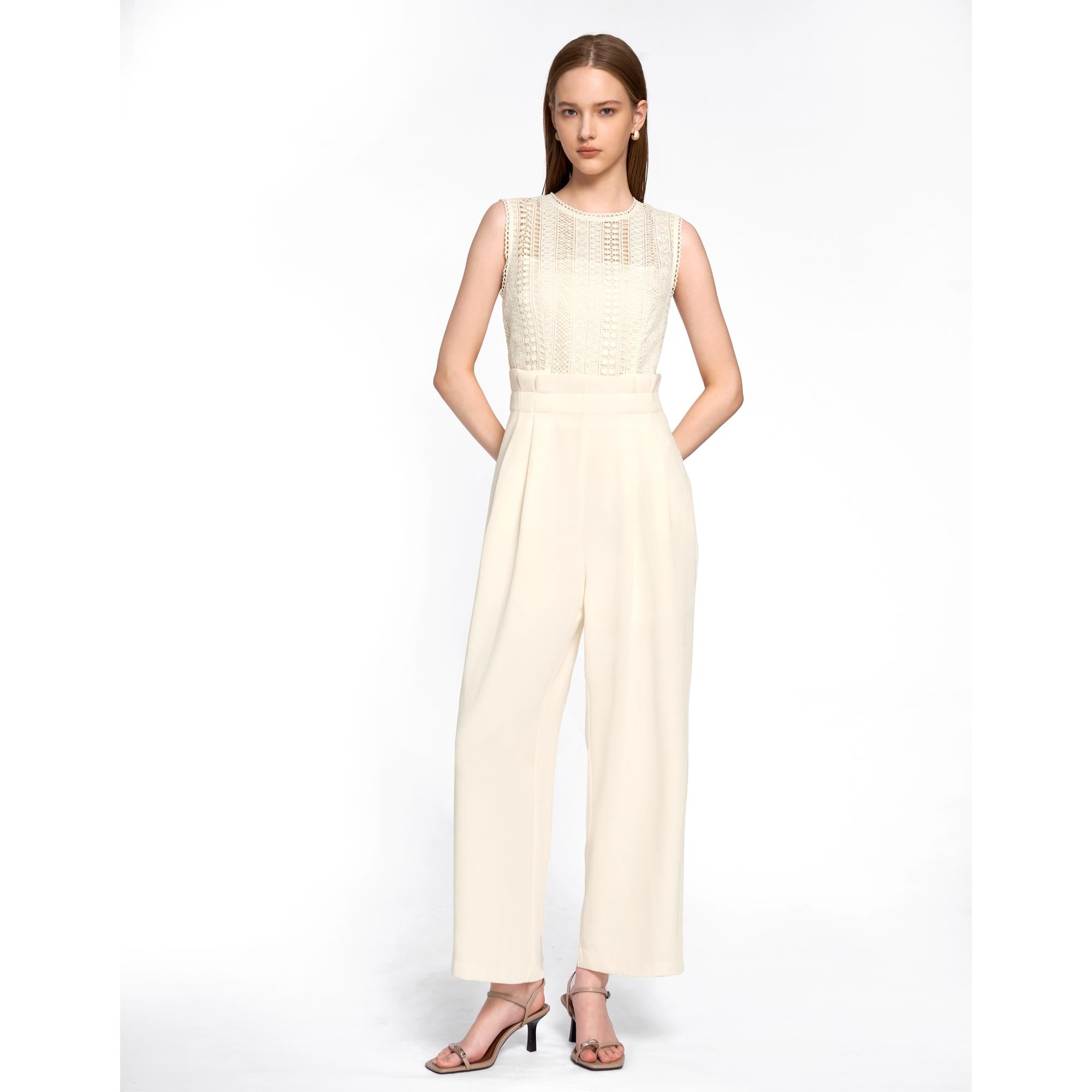 Lace Bodice Sleeveless Jumpsuit - Apricot