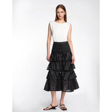 Tiered Lace Button Front Maxi Skirt - Black