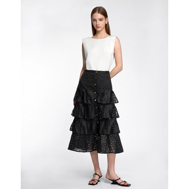 Tiered Lace Button Front Maxi Skirt - Black