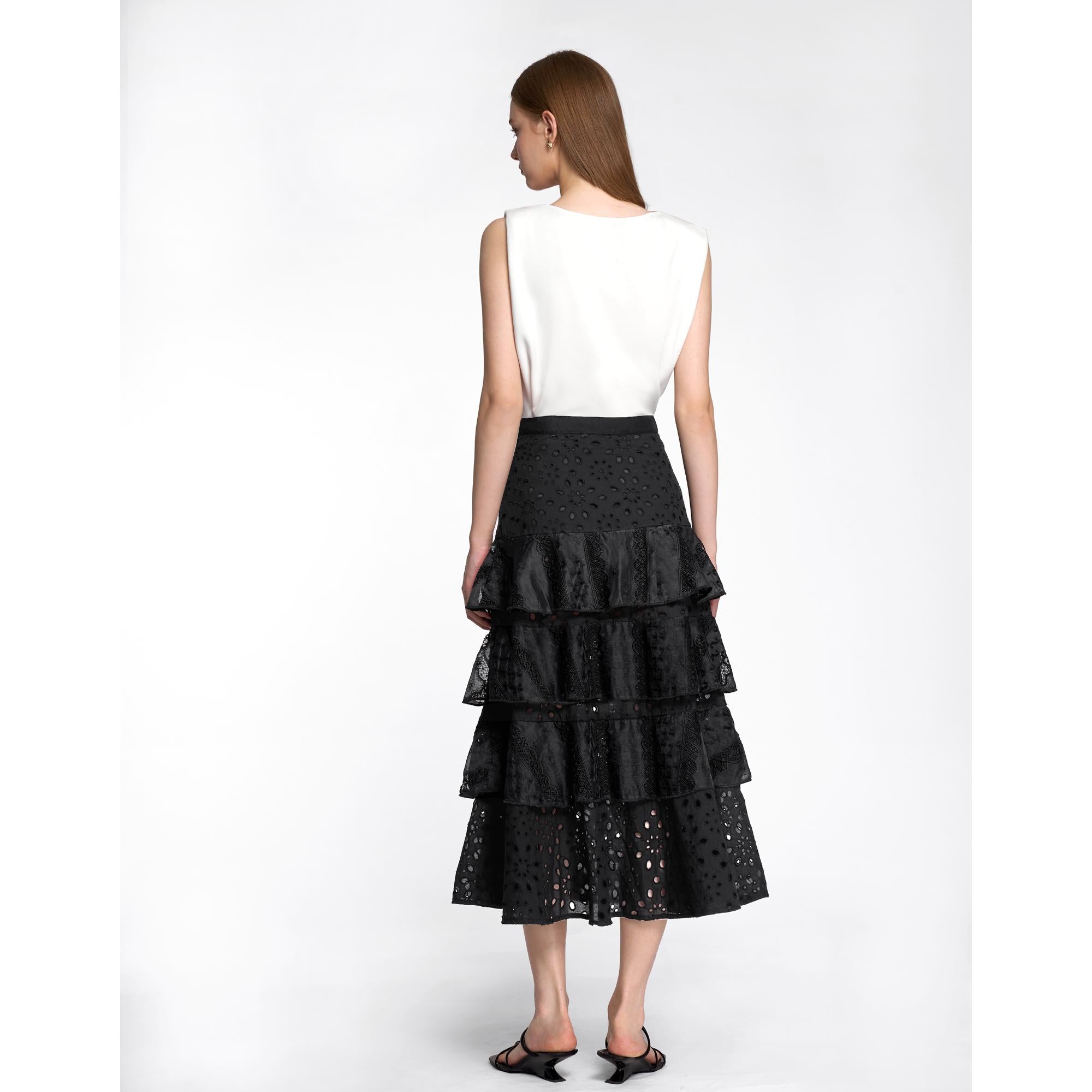 Tiered Lace Button Front Maxi Skirt - Black