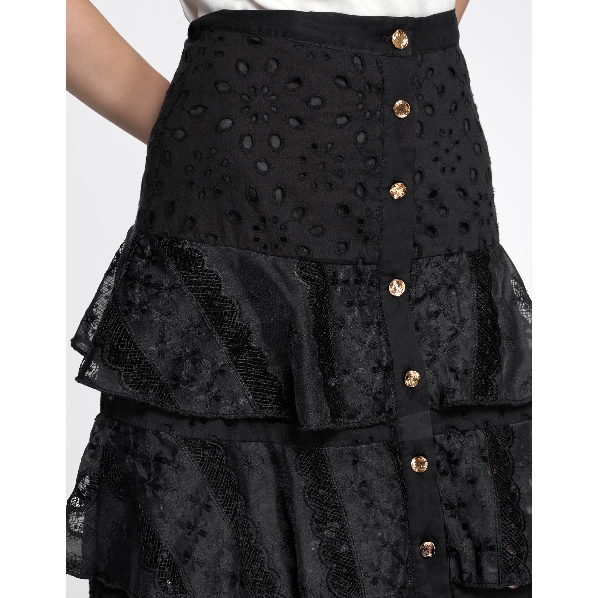 Tiered Lace Button Front Maxi Skirt - Black