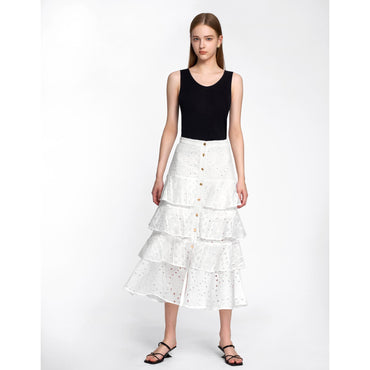 Tiered Lace Button Front Maxi Skirt - White