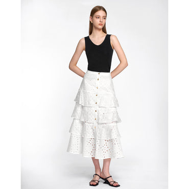 Tiered Lace Button Front Maxi Skirt - White