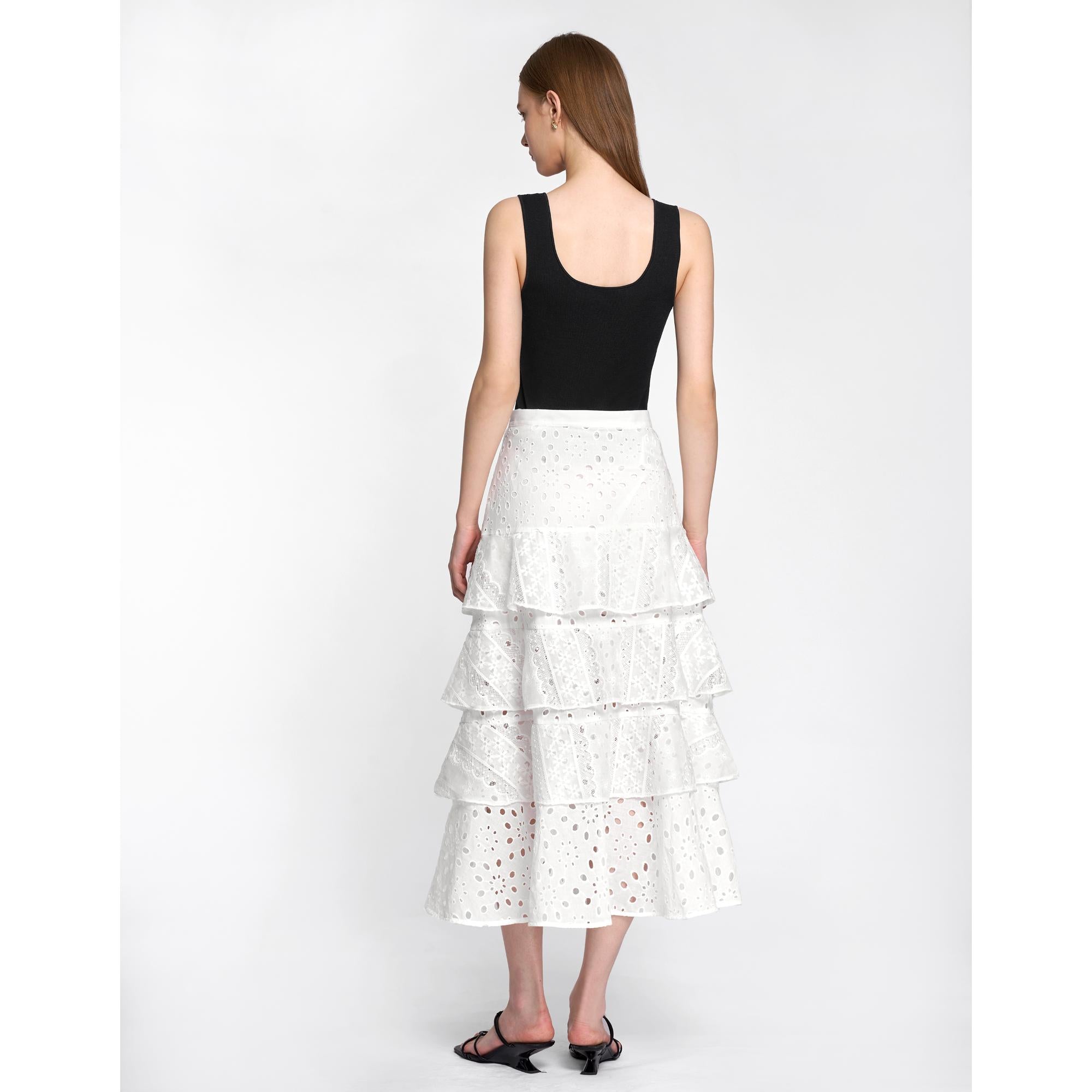 Tiered Lace Button Front Maxi Skirt - White
