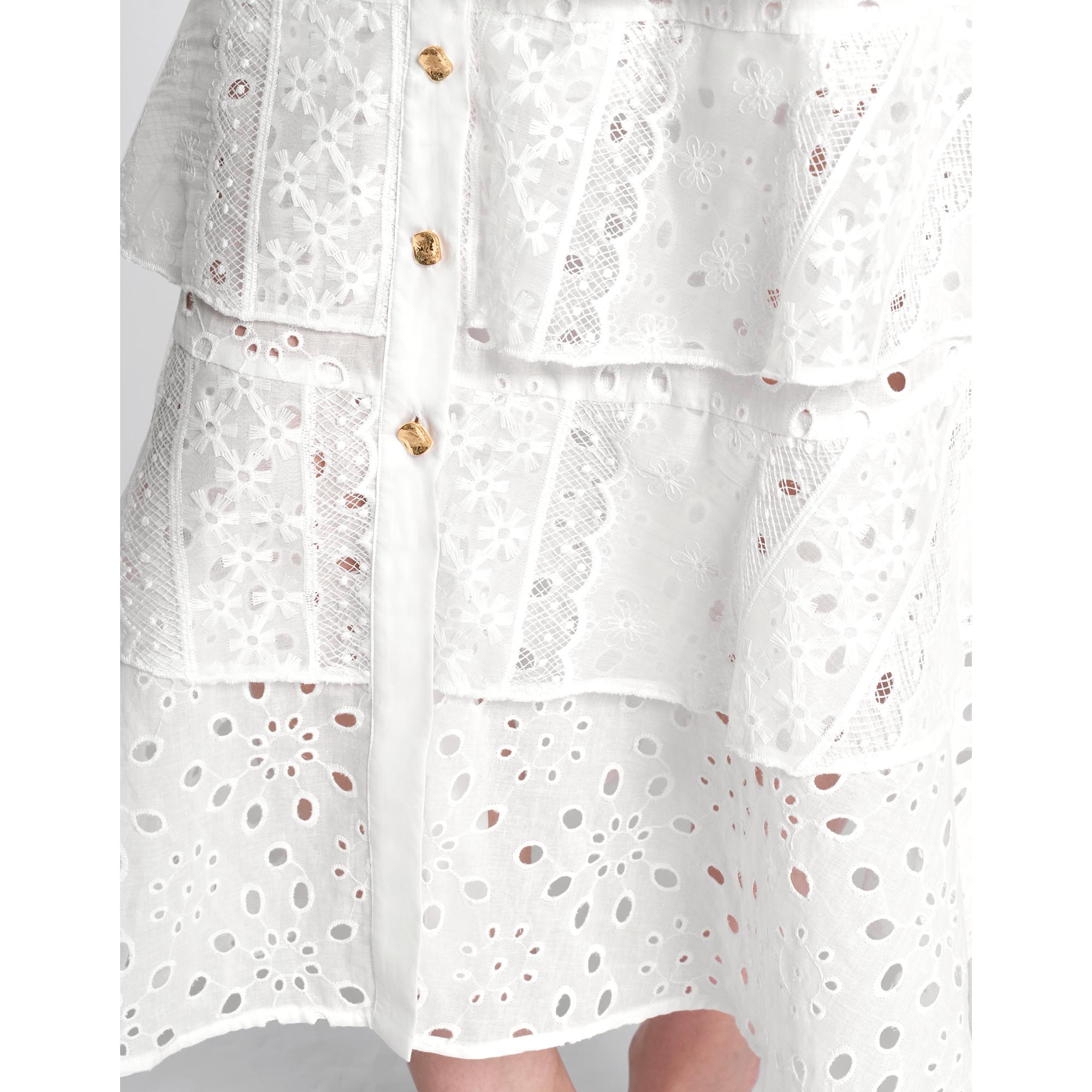 Tiered Lace Button Front Maxi Skirt - White
