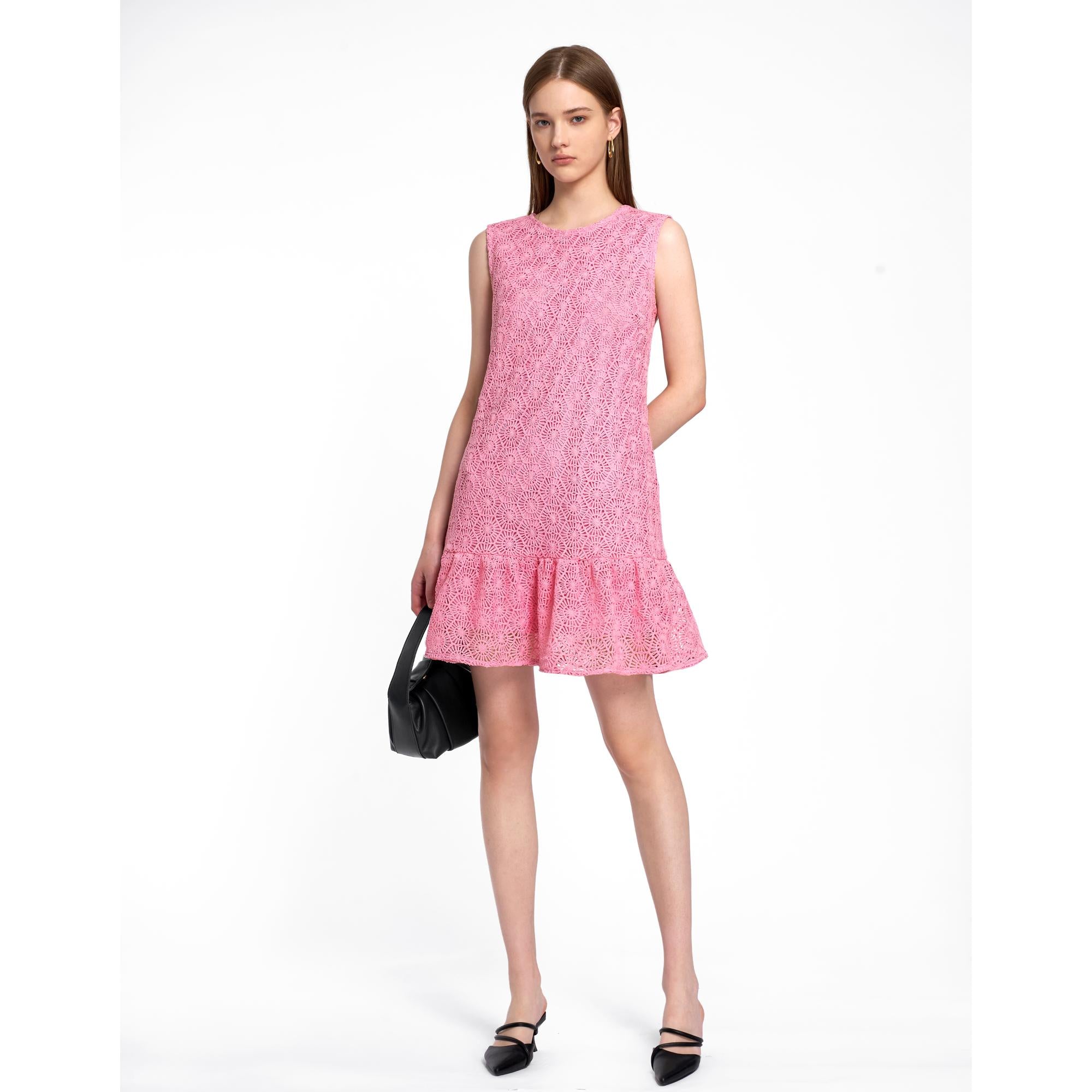 Ruffled Trim Sleeveless Lace Dress - Pink