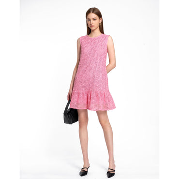 Ruffled Trim Sleeveless Lace Dress - Pink