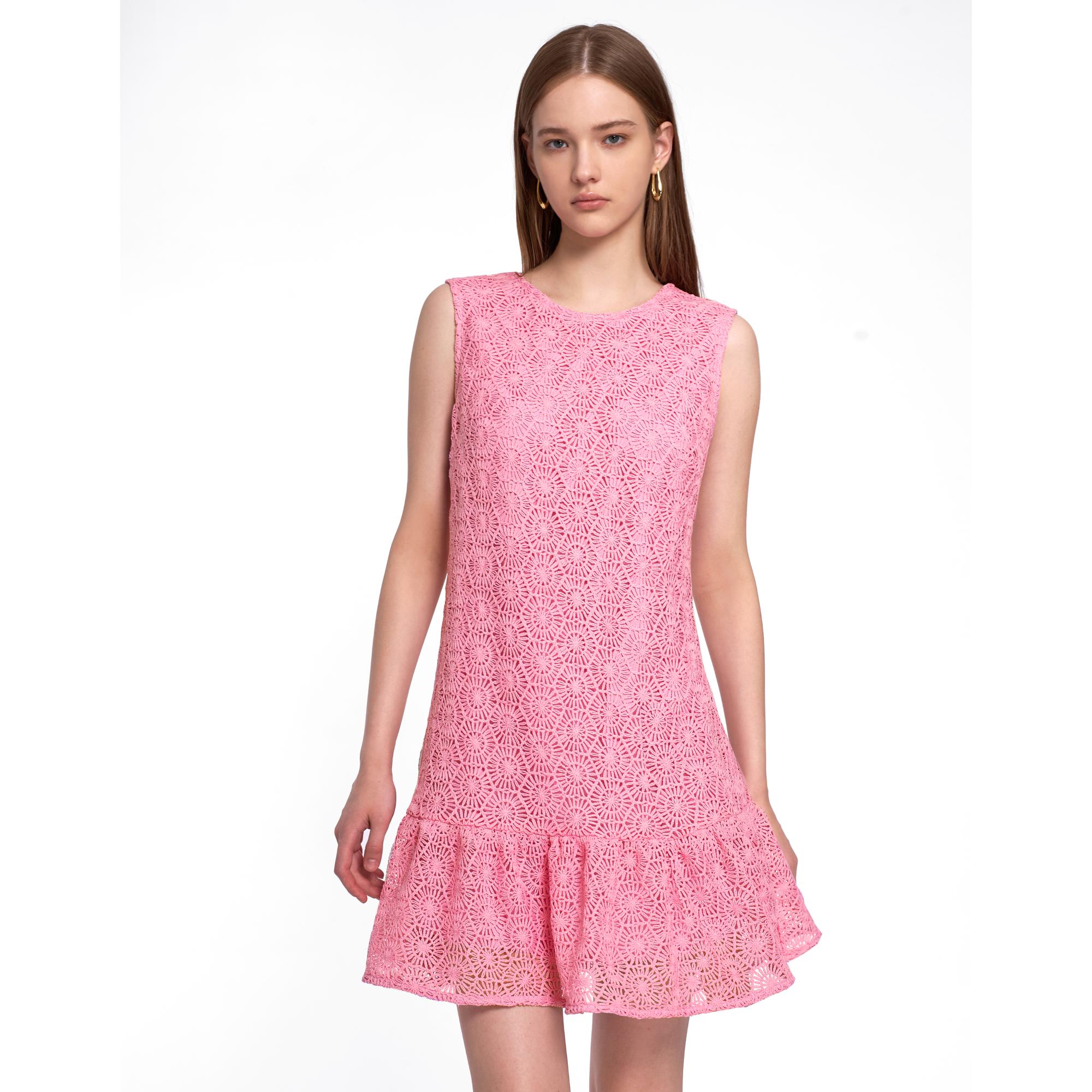 Ruffled Trim Sleeveless Lace Dress - Pink