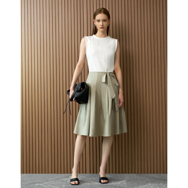 Self-tie Side Pleated Skirt - Grey Green