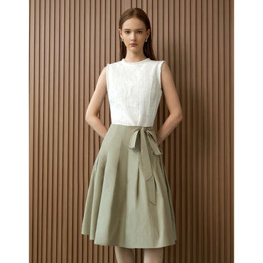 Self-tie Side Pleated Skirt - Grey Green
