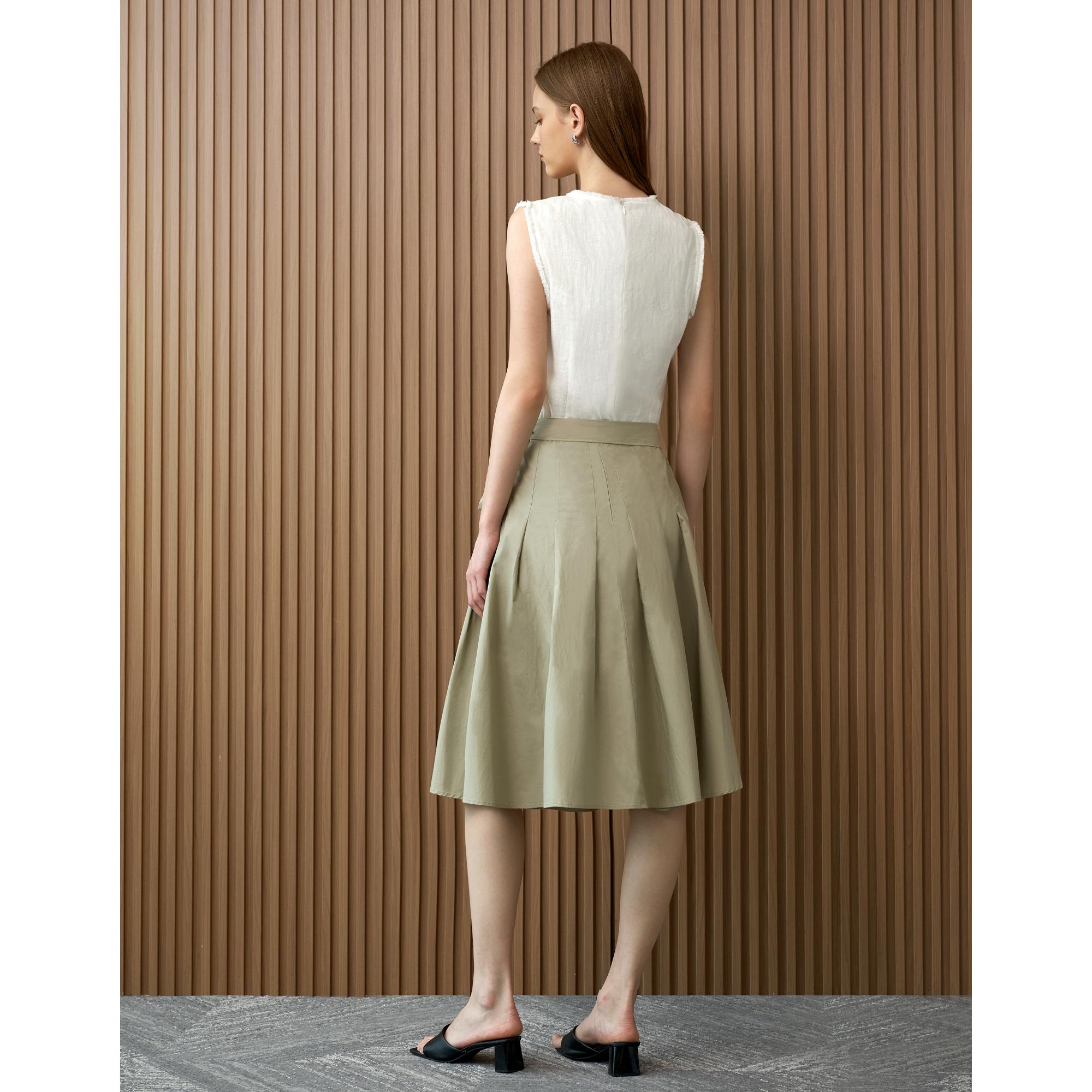 Self-tie Side Pleated Skirt - Grey Green