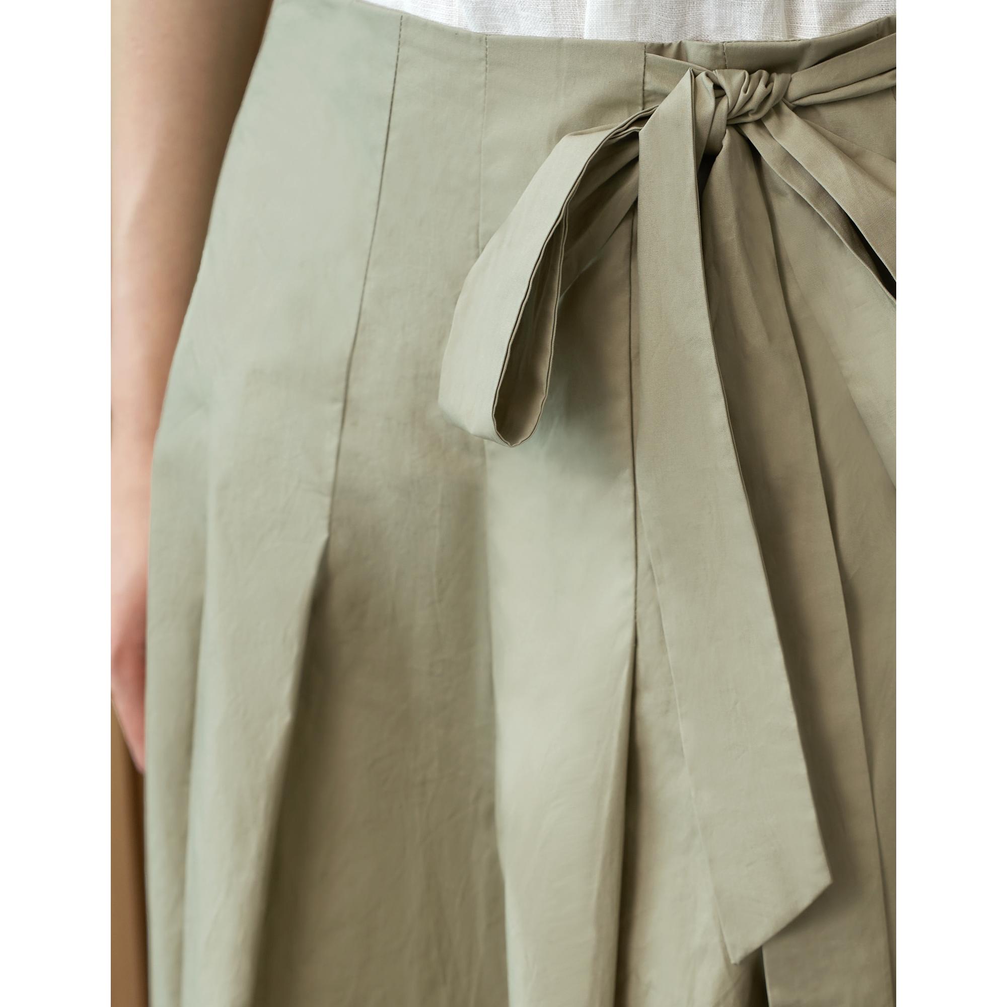 Self-tie Side Pleated Skirt - Grey Green