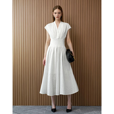 Smocked Waist Embroidered Maxi Dress - White