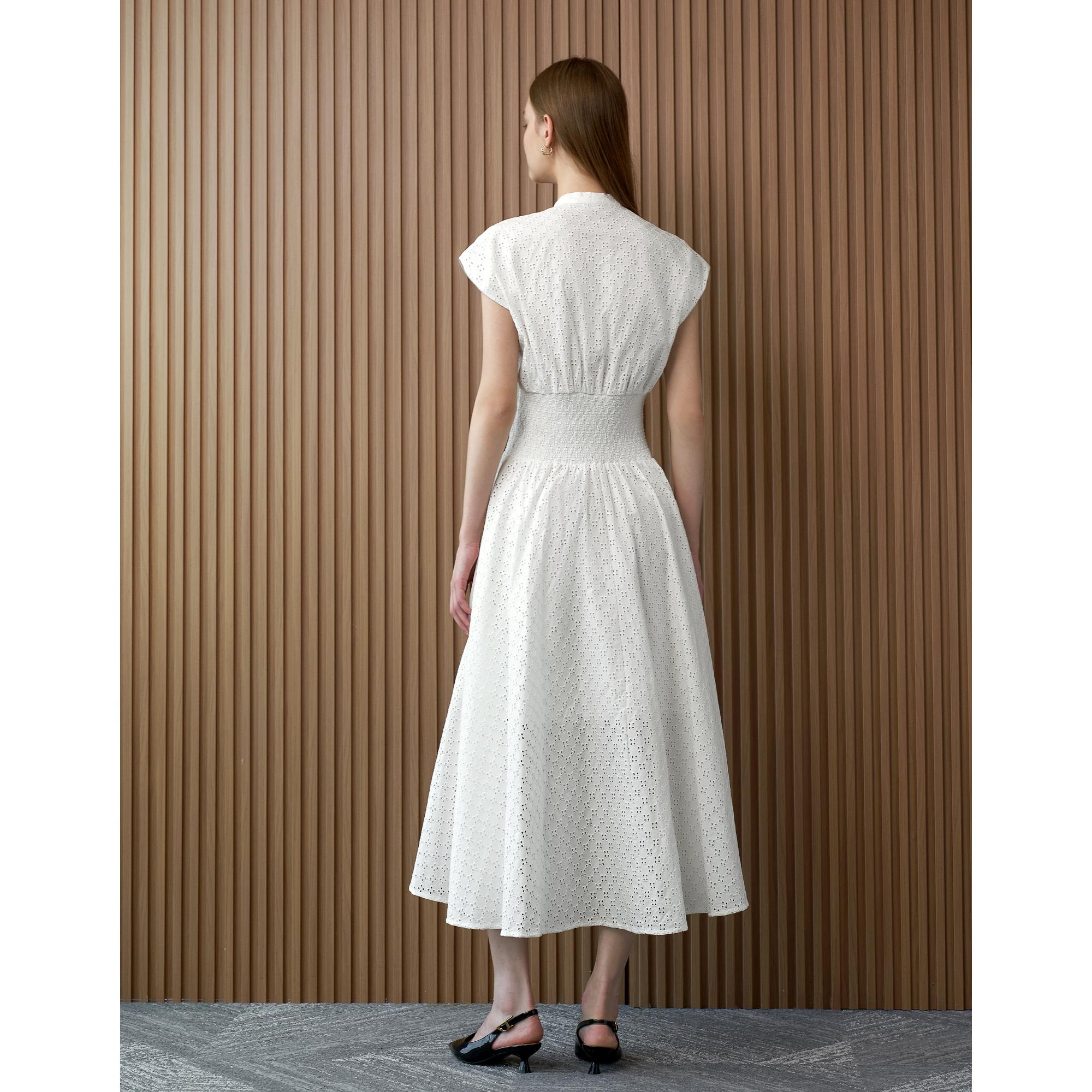 Smocked Waist Embroidered Maxi Dress - White