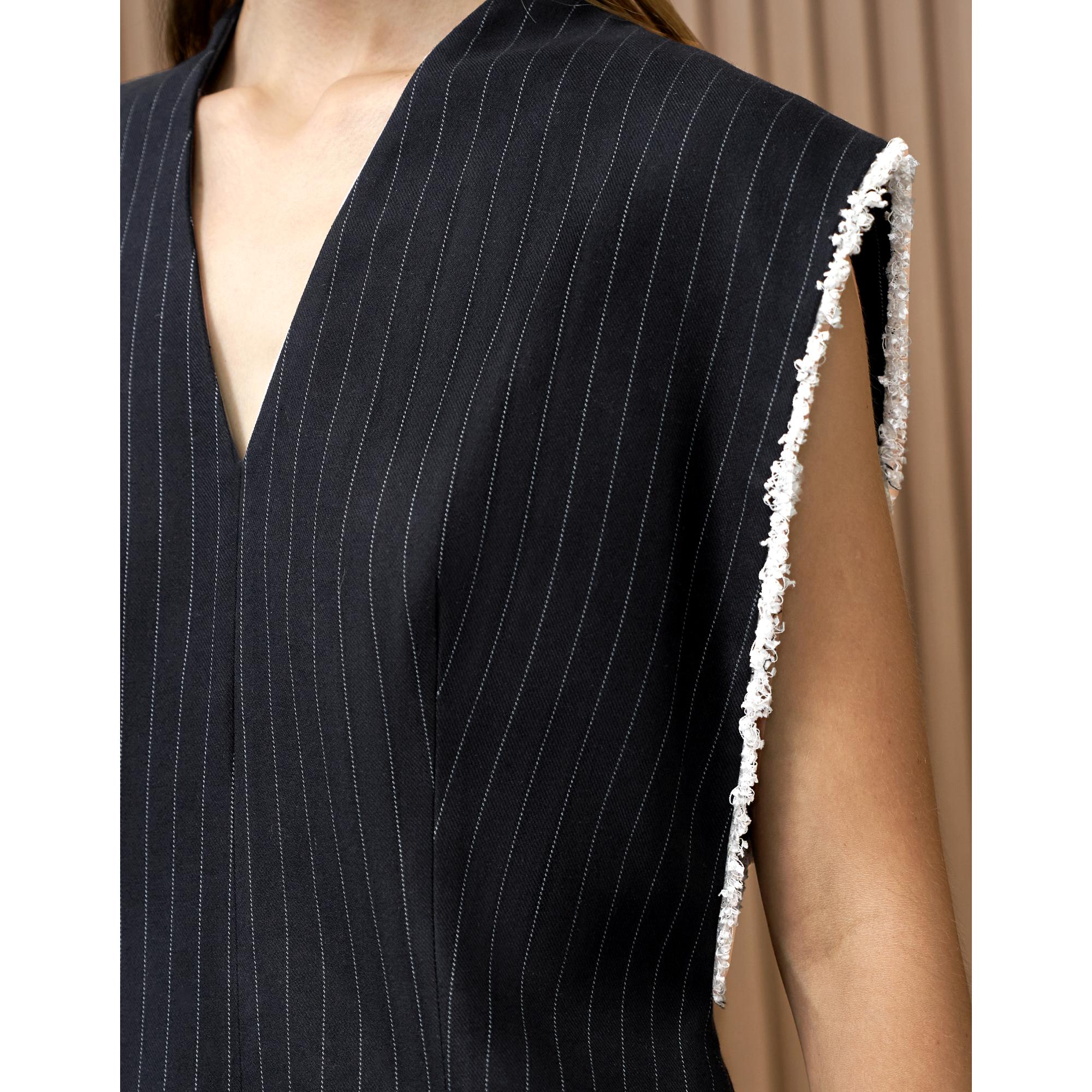 Contrast Trim Pleated Stripe Dress - Navy