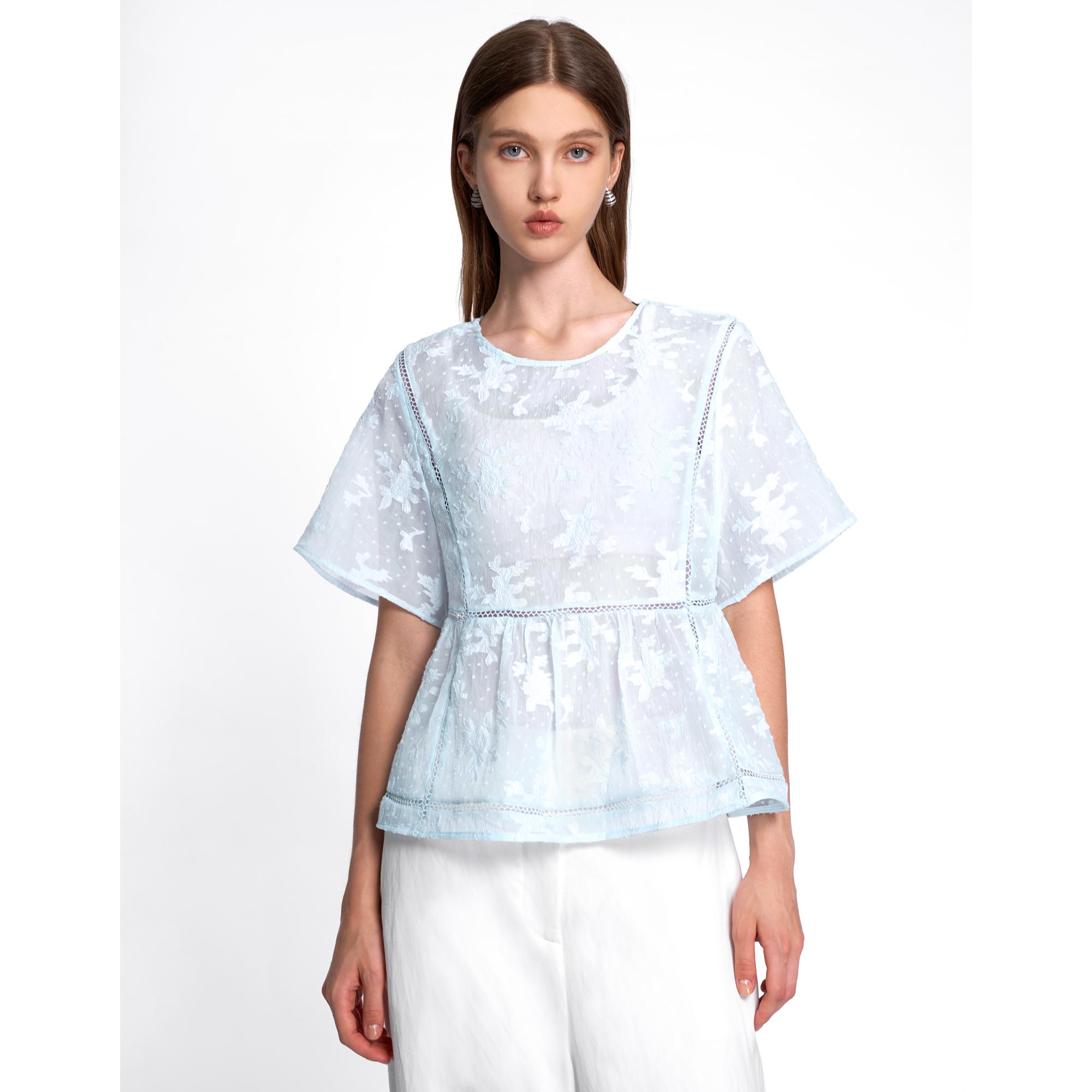 Textured Sheer Peplum Top - Light Blue