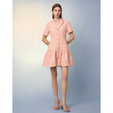 Suit Collar Ruffled Hem Tweed Dress - Pink