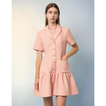 Suit Collar Ruffled Hem Tweed Dress - Pink