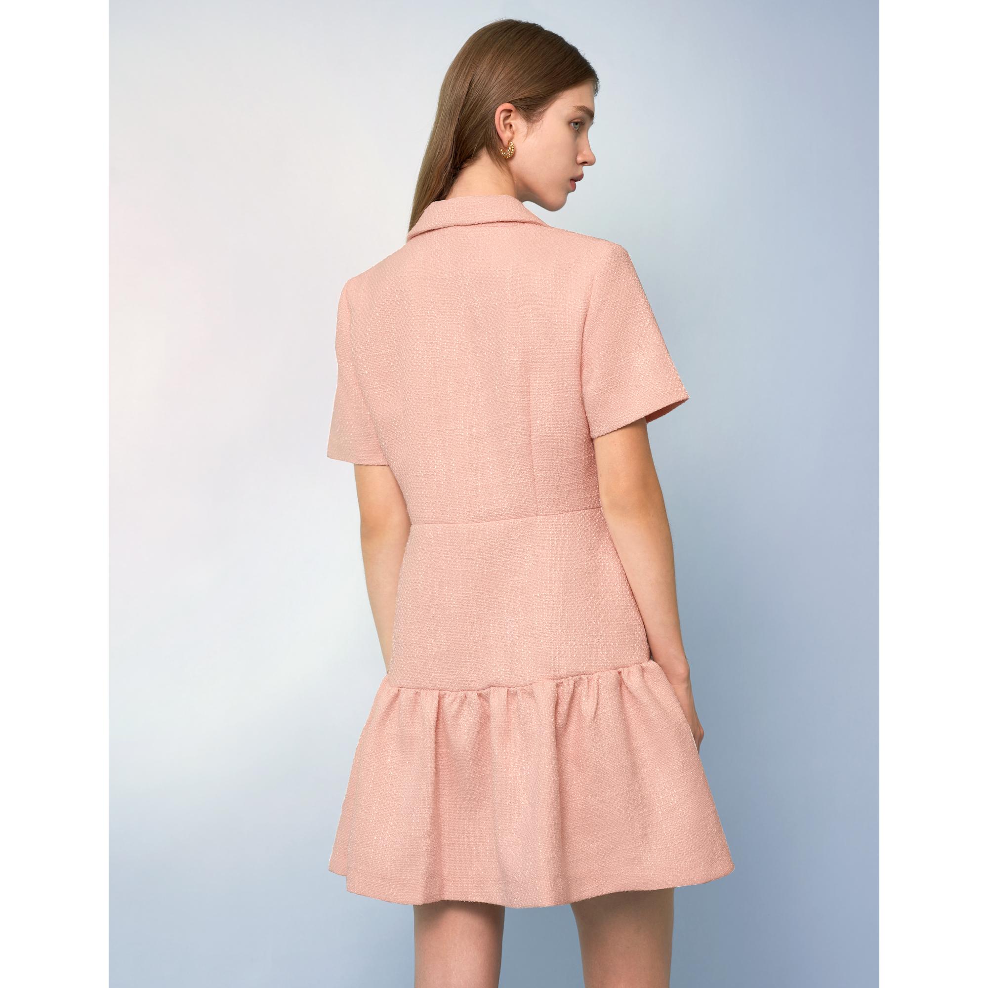 Suit Collar Ruffled Hem Tweed Dress - Pink