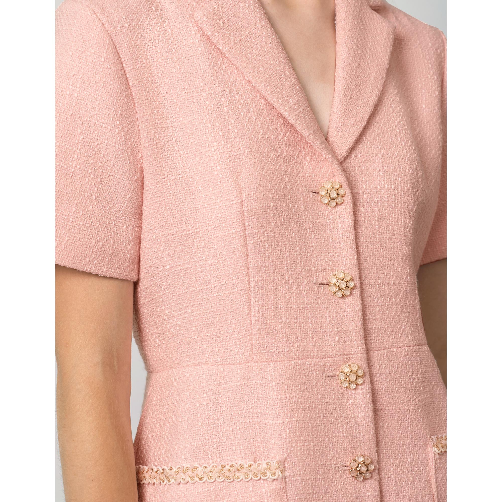 Suit Collar Ruffled Hem Tweed Dress - Pink