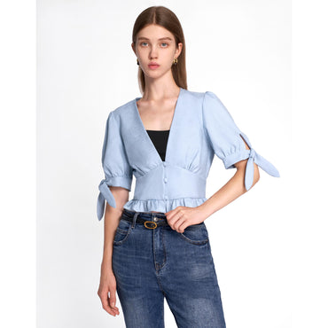 Short Sleeve V-neck Top - Blue