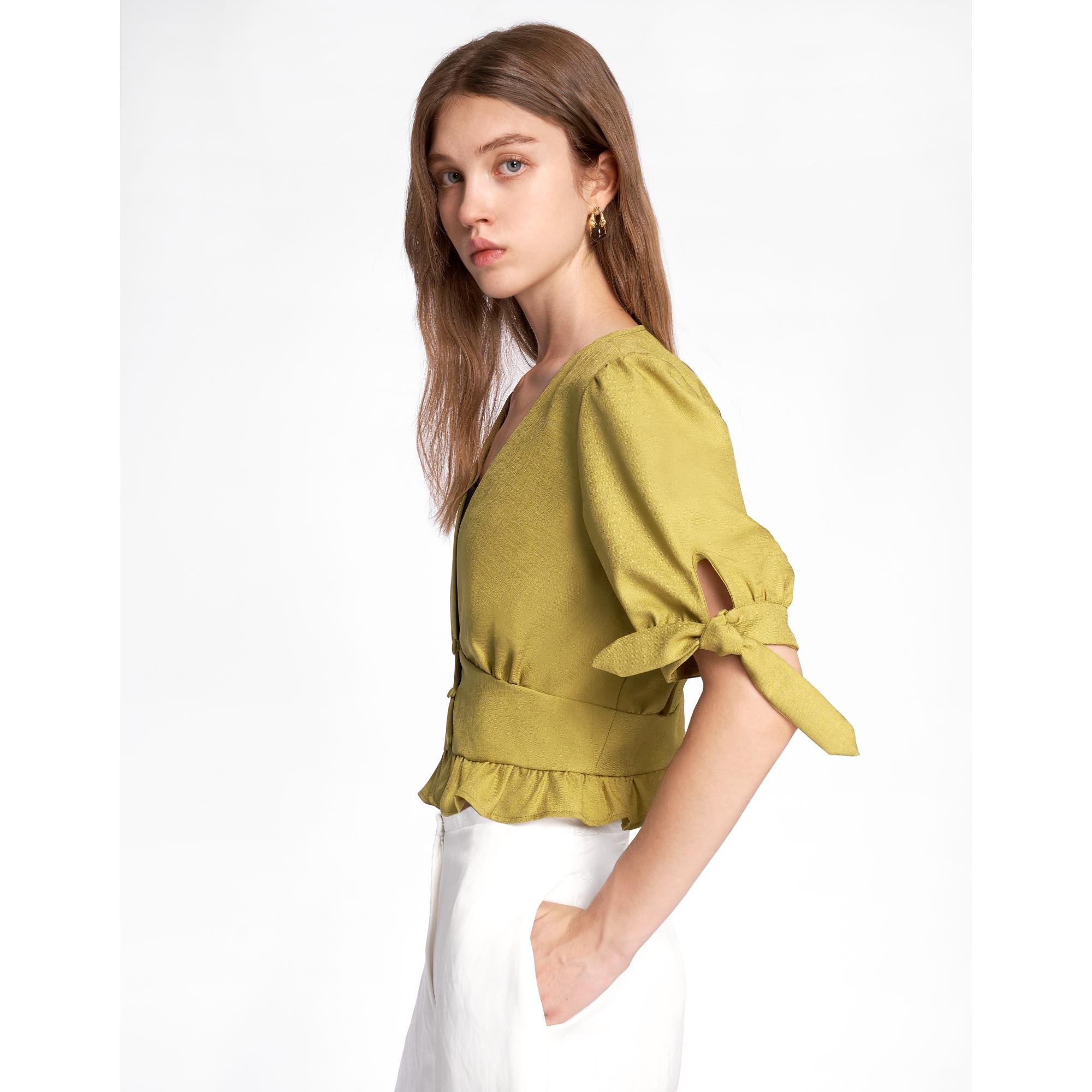 Short Sleeve V-neck Top - Olive