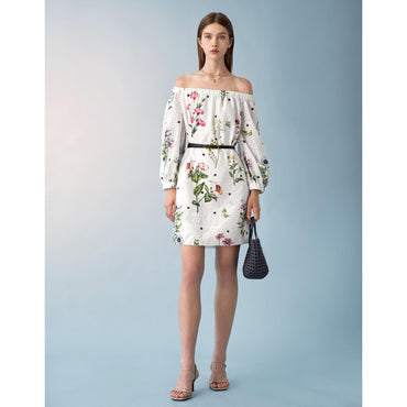 Floral Print Embroidered Off Shoulder Dress - White