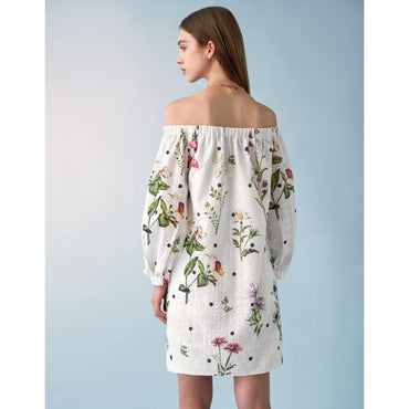 Floral Print Embroidered Off Shoulder Dress - White