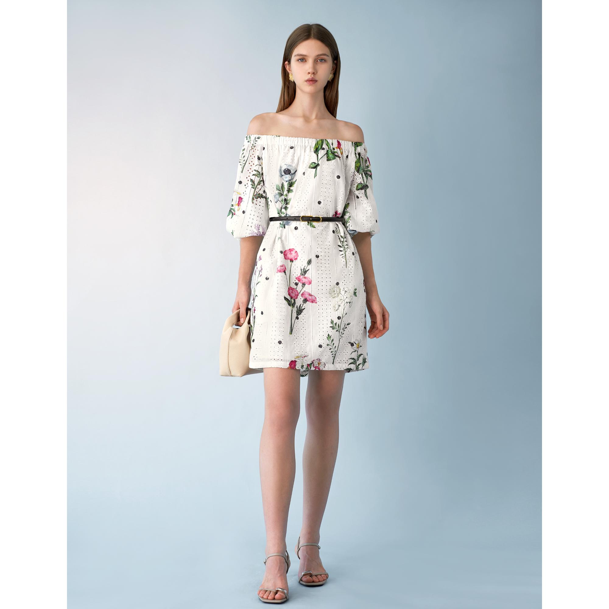 Floral Print Embroidered Off Shoulder Dress - White