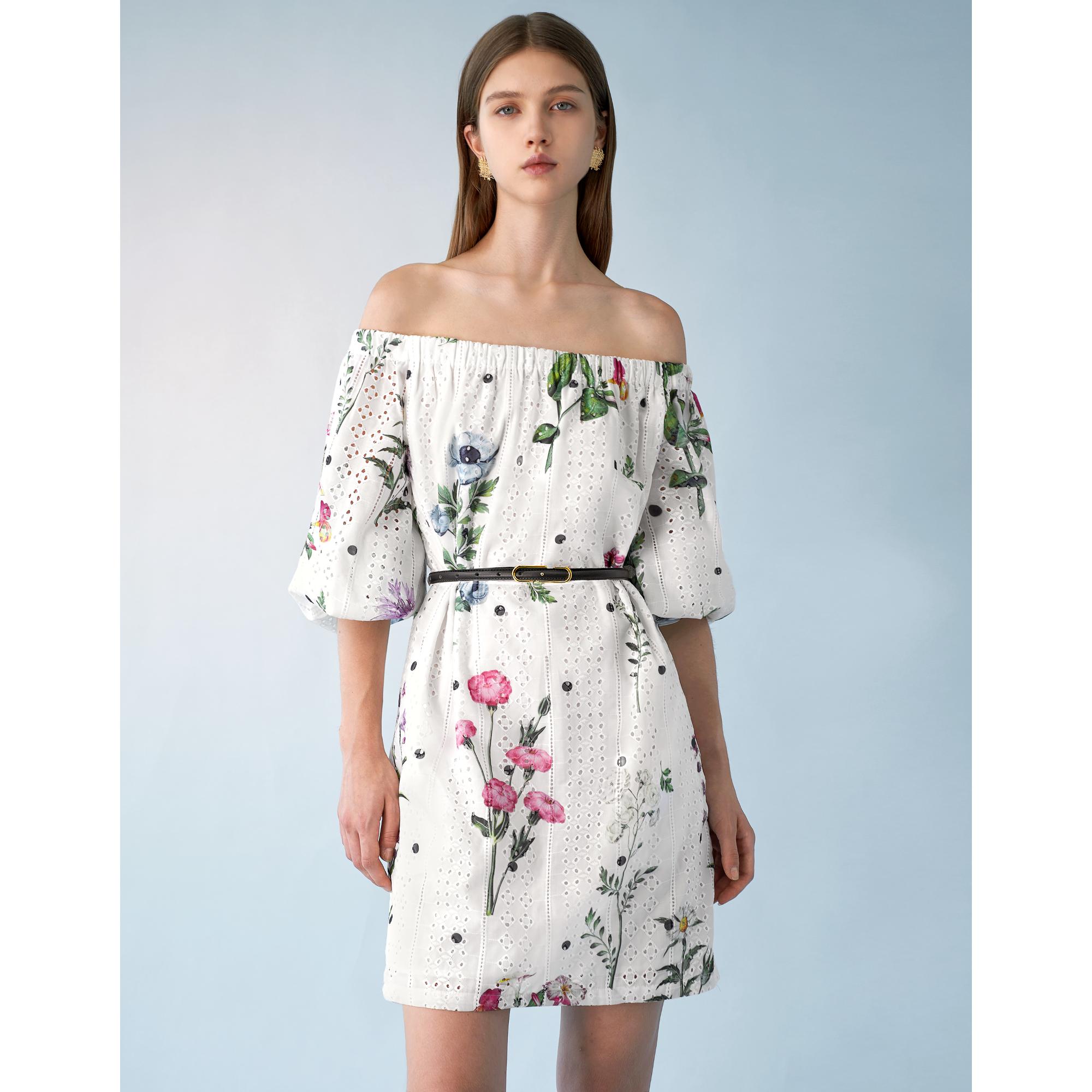 Floral Print Embroidered Off Shoulder Dress - White